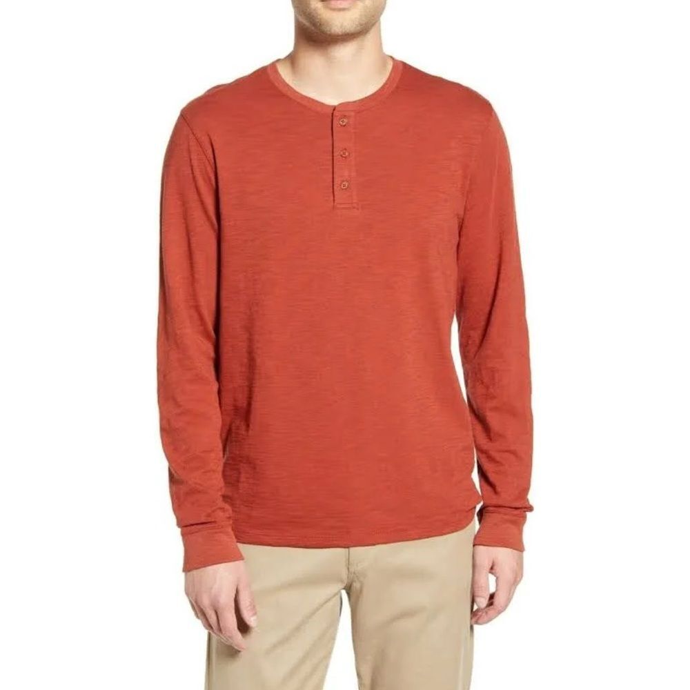 Vince Men's Long Sleeve Slub Henley in Orange | Size Large